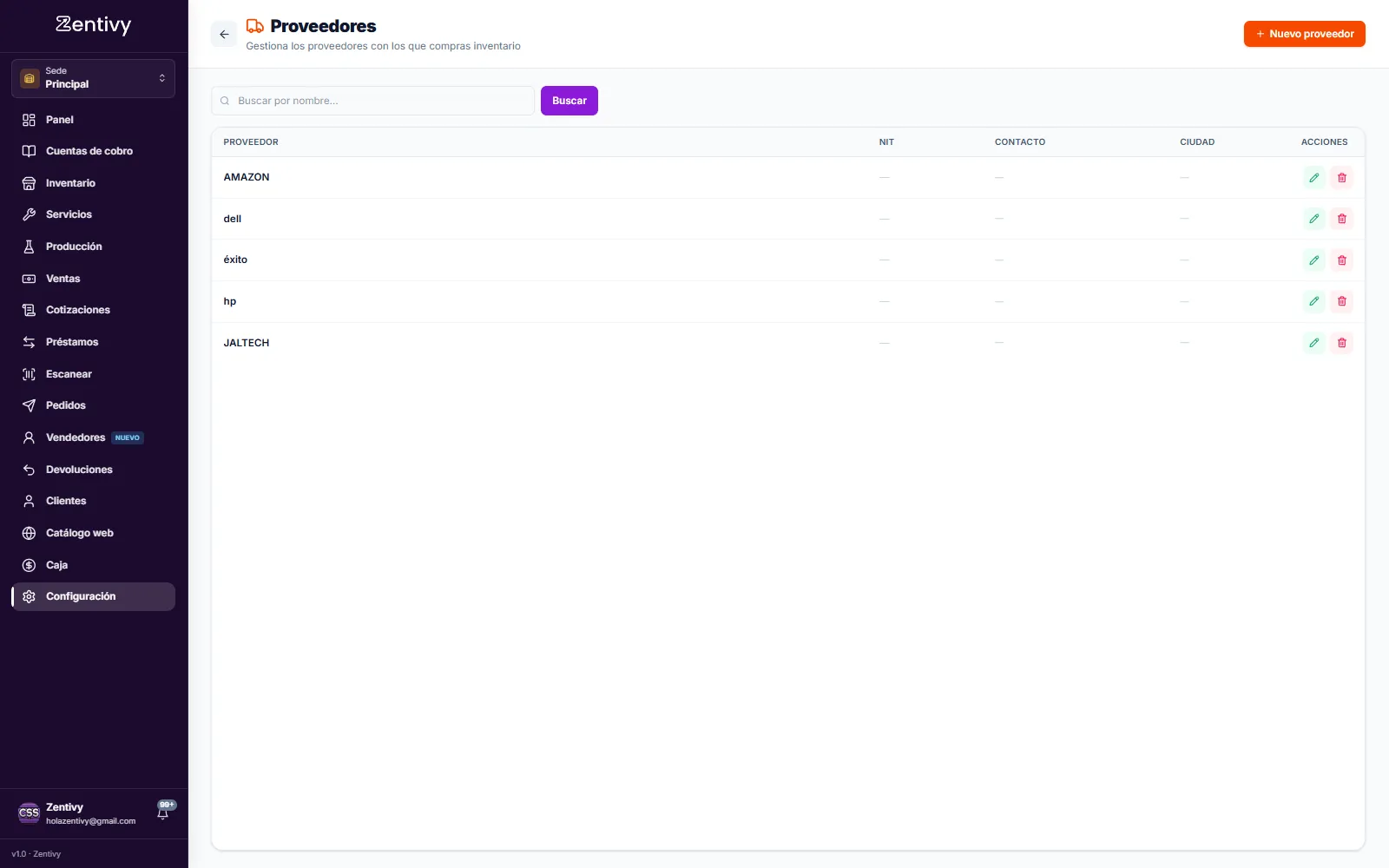 Listado de proveedores en Zentivy