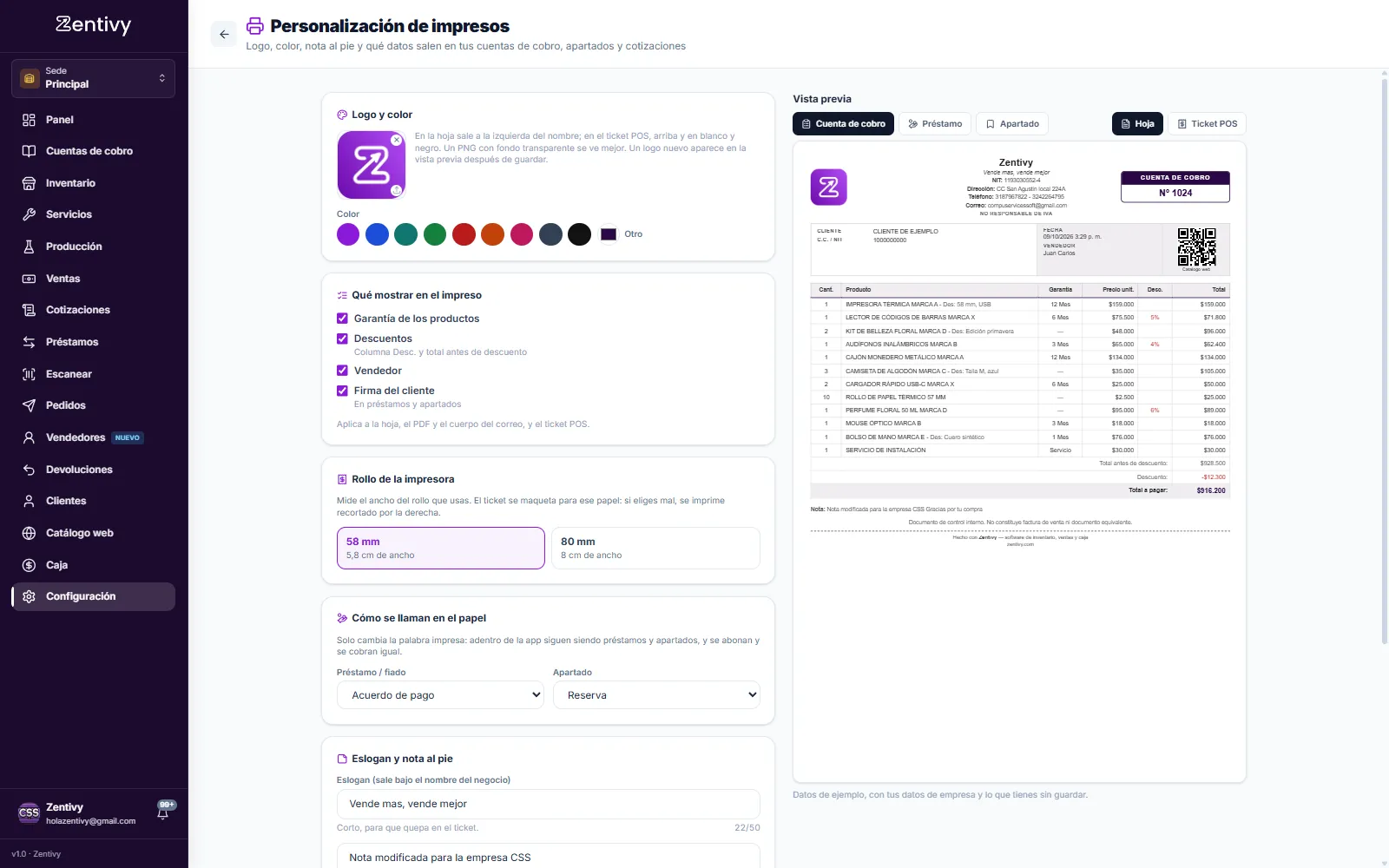 Configuración de impresos de Zentivy con logo, color de marca y vista previa en vivo