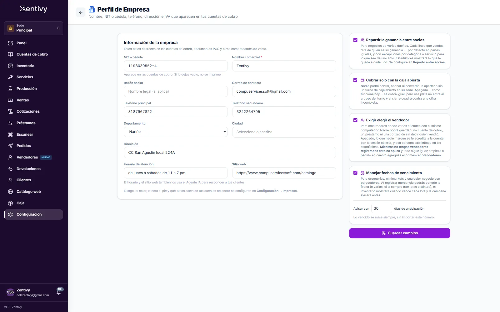 Perfil de empresa en Zentivy con sus datos y los interruptores que cambian cómo trabaja la app