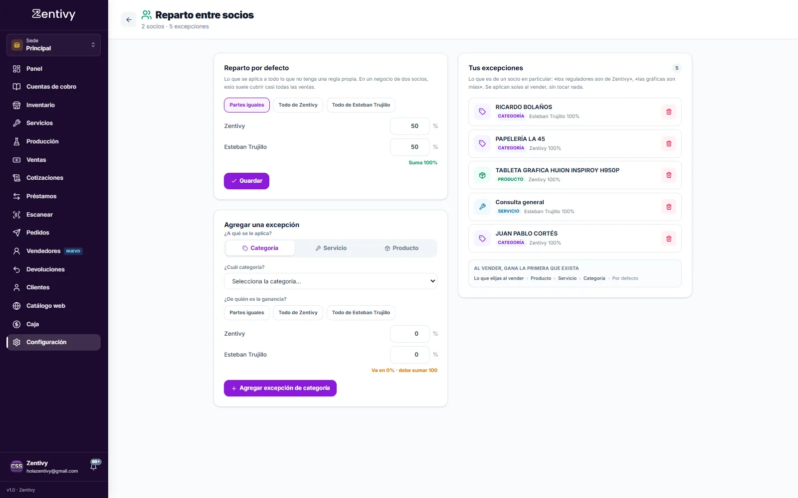 Configuración del reparto de la ganancia entre socios en Zentivy