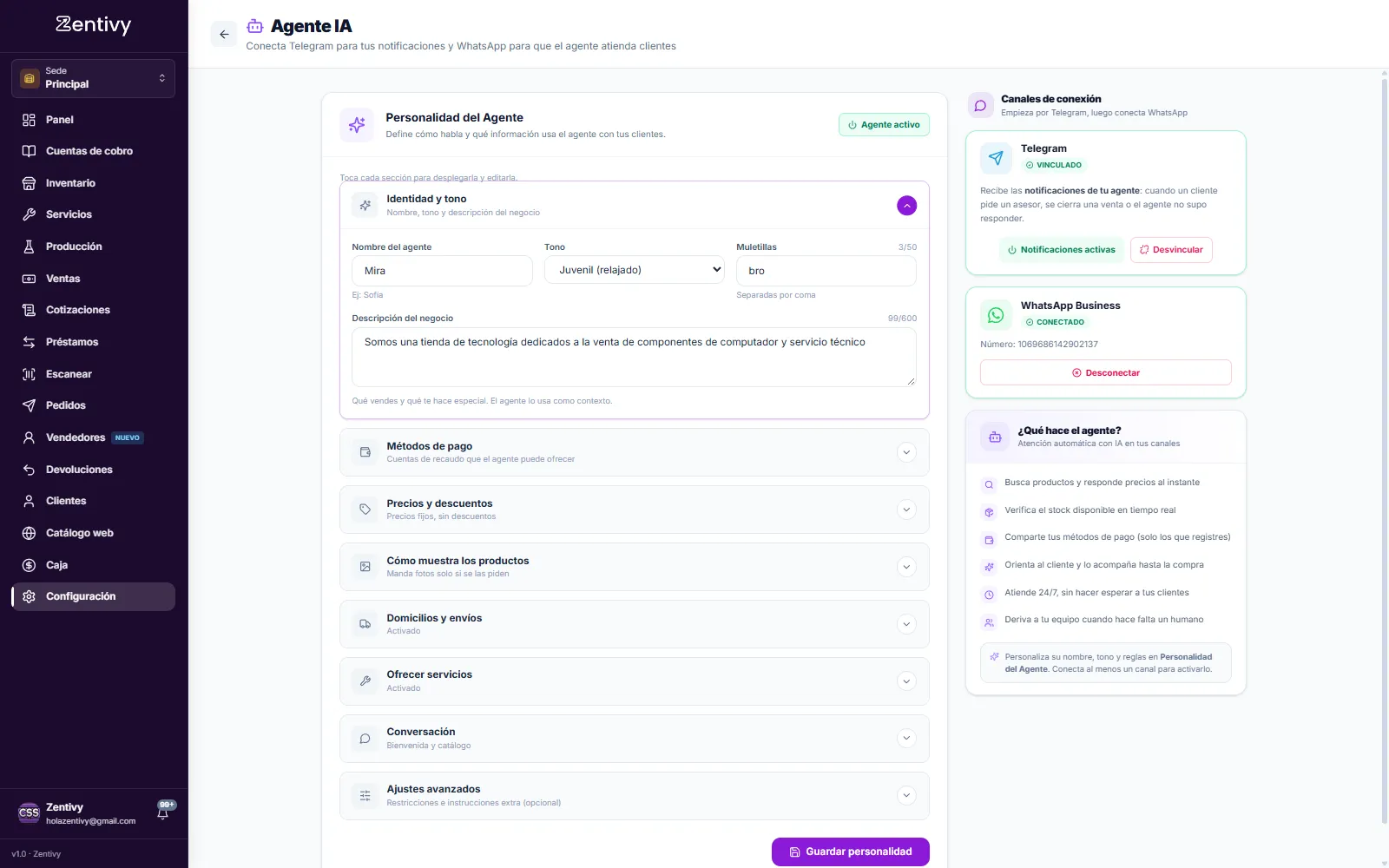 Configuración del agente de inteligencia artificial de Zentivy