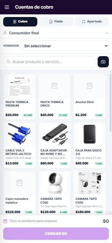 La pantalla de cobro de Zentivy en un celular, con la vitrina de productos y el botón de cobrar